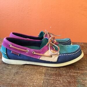 Sebago Ross Island Boat Shoe Mocassin Womens 7.5 Navy TEal Magenta Mustard